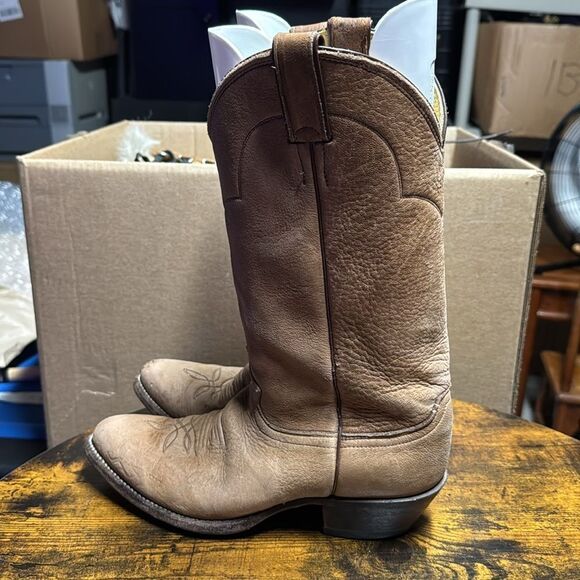 Justin Euro Elk Leather Cowboy Boots Mens Tan Made In USA Boot 1325 Size 8 - Picture 3 of 9